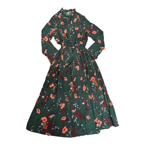 Floral Dress Women’s M Green Modest Long Sleeve Pleated Elastic Waist - Picture 11 of 16